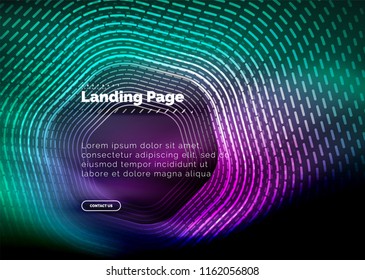 Neon glowing techno hexagon shape lines, hi-tech futuristic abstract background, landing page template. Vector illustration