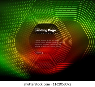 Líneas de forma hexágono tecno brillante neón, fondo abstracto futurista de alta tecnología, plantilla de página de aterrizaje. Ilustración del vector