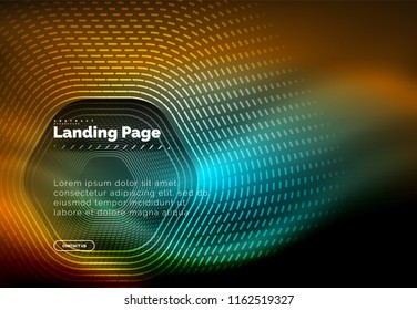 Neon glowing techno hexagon shape lines, hi-tech futuristic abstract background, landing page template. Vector illustration
