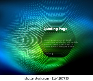 Neon glowing techno hexagon shape lines, hi-tech futuristic abstract background, landing page template. Vector illustration