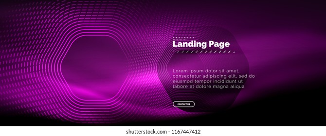 Neon glowing techno hexagon shape lines, hi-tech futuristic abstract background, landing page template. Vector illustration