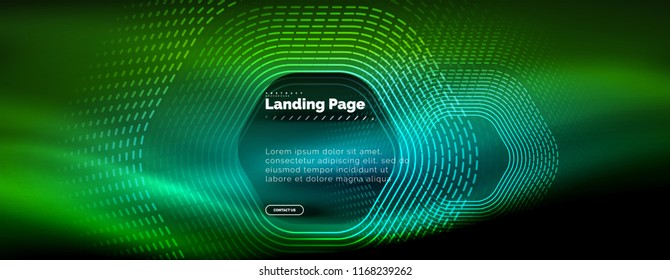 Neon glowing techno hexagon shape lines, hi-tech futuristic abstract background, landing page template. Vector illustration