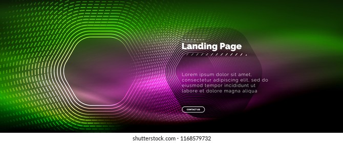 Neon glowing techno hexagon shape lines, hi-tech futuristic abstract background, landing page template. Vector illustration