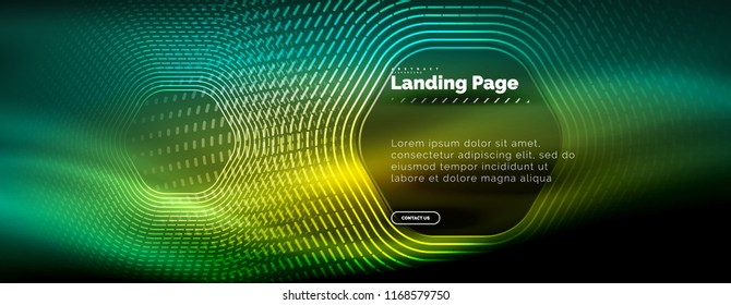 Líneas de forma hexágono tecno brillante neón, fondo abstracto futurista de alta tecnología, plantilla de página de aterrizaje. Ilustración del vector