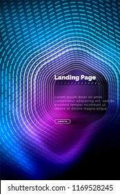 Neon glowing techno hexagon shape lines, hi-tech futuristic abstract background, landing page template. Vector illustration
