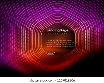 Neon glowing techno hexagon shape lines, hi-tech futuristic abstract background, landing page template. Vector illustration