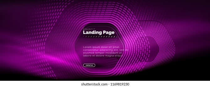 Neon glowing techno hexagon shape lines, hi-tech futuristic abstract background, landing page template. Vector illustration