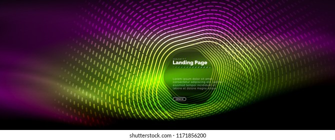 Neon glowing techno hexagon shape lines, hi-tech futuristic abstract background, landing page template. Vector illustration