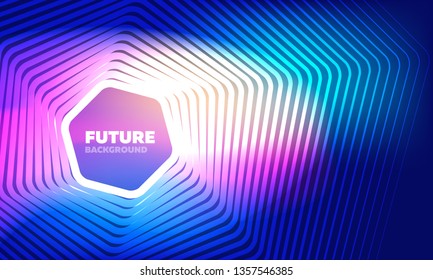 Neon glowing techno lines banner, hi-tech futuristic abstract background template with geometrical shapes. Bright colorful vector texture for web and presentation.