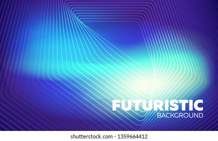 Neon glowing techno lines banner, hi-tech futuristic abstract background template with geometrical shapes. Bright colorful vector texture for web and presentation. Blue waves cross triangles.