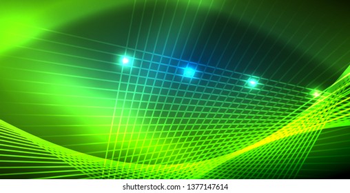 Líneas tecno brillantes neón, plantilla de fondo abstracto azul de alta tecnología futurista