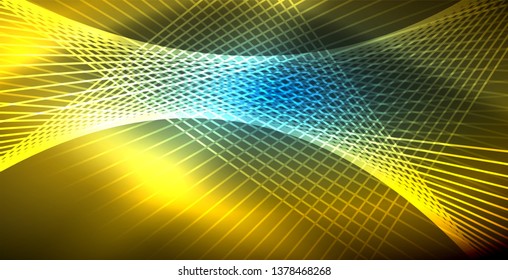 Líneas tecno brillantes neón, plantilla de fondo abstracto azul de alta tecnología futurista