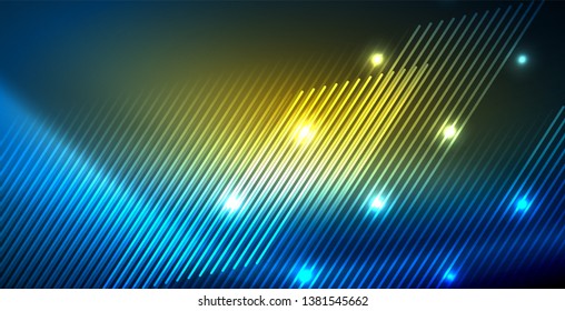 Neon glowing techno lines, blue hi-tech futuristic abstract background template