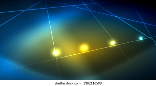 Neon glowing techno lines, blue hi-tech futuristic abstract background template