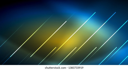 Líneas tecno brillantes neón, plantilla de fondo abstracto azul de alta tecnología futurista