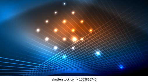 Líneas tecno brillantes neón, plantilla de fondo abstracto azul de alta tecnología futurista