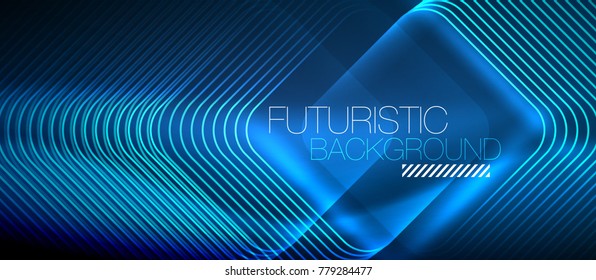 Neon glowing techno lines, blue hi-tech futuristic abstract background template with square shapes