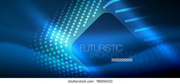 Neon glowing techno lines, blue hi-tech futuristic abstract background template with square shapes