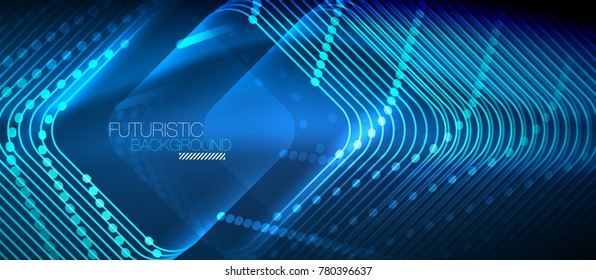 Neon glowing techno lines, blue hi-tech futuristic abstract background template with square shapes