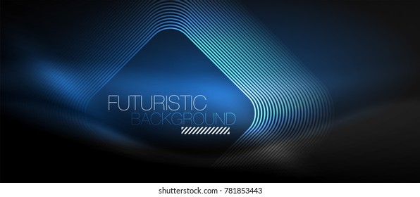 Neon glowing techno lines, blue hi-tech futuristic abstract background template with square shapes