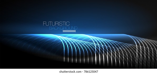 Líneas tecno brillantes neón, plantilla de fondo abstracta azul de alta tecnología futurista con formas cuadradas