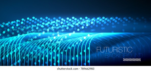 Líneas tecno brillantes neón, plantilla de fondo abstracta azul de alta tecnología futurista con formas cuadradas