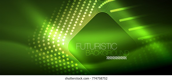 Neon glowing techno lines, green hi-tech futuristic abstract background template with square shapes