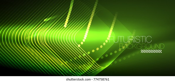 Neon glowing techno lines, green hi-tech futuristic abstract background template with square shapes