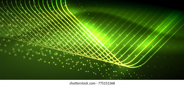 Líneas tecno brillantes neón, plantilla de fondo abstracto verde de alta tecnología futurista con formas cuadradas