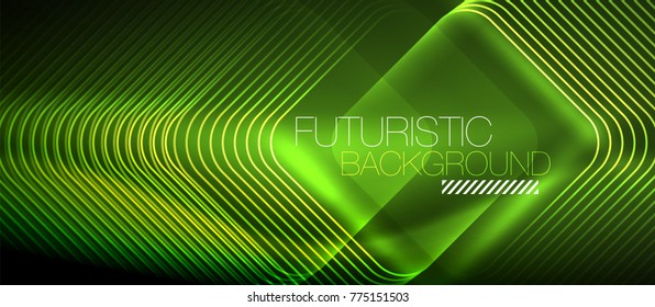 Neon glowing techno lines, green hi-tech futuristic abstract background template with square shapes