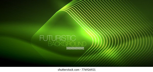 Líneas tecno brillantes neón, plantilla de fondo abstracto verde de alta tecnología futurista con formas cuadradas