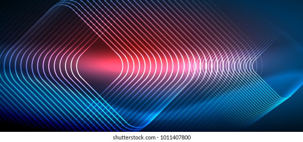 Neon glowing techno lines, hi-tech futuristic abstract background template with square shapes