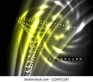 Líneas tecno brillantes neón, plantilla de fondo abstracto de alta tecnología futurista con formas cuadradas. Ilustración del vector
