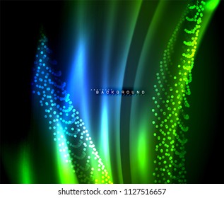 Líneas tecno brillantes neón, plantilla de fondo abstracto de alta tecnología futurista con formas cuadradas. Ilustración del vector