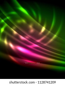 Líneas tecno brillantes neón, plantilla de fondo abstracto de alta tecnología futurista con formas cuadradas. Ilustración del vector
