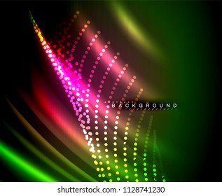 Líneas tecno brillantes neón, plantilla de fondo abstracto de alta tecnología futurista con formas cuadradas. Ilustración del vector