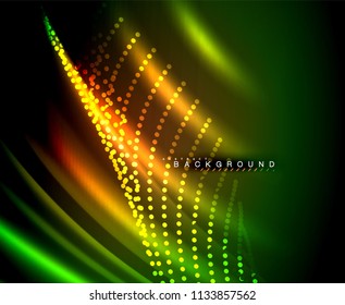 Líneas tecno brillantes neón, plantilla de fondo abstracto de alta tecnología futurista con formas cuadradas. Ilustración del vector