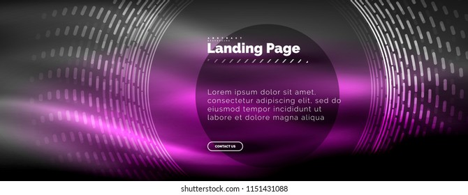 Neon glowing techno lines, hi-tech futuristic abstract background template with circles, landing page template. Vector illustration