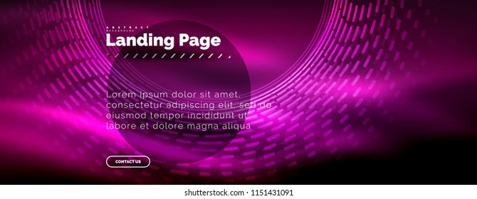 Neon glowing techno lines, hi-tech futuristic abstract background template with circles, landing page template. Vector illustration