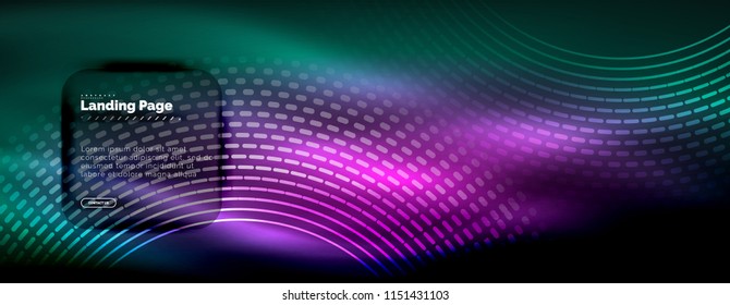 Líneas tecno brillantes neón, plantilla de fondo abstracto de alta tecnología futurista con círculos, plantilla de página de aterrizaje. Ilustración del vector