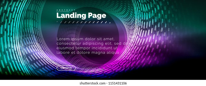 Neon linhas de tecno brilhantes, modelo de fundo abstrato futurista de alta tecnologia com círculos, modelo de página de aterrissagem. Ilustração vetorial