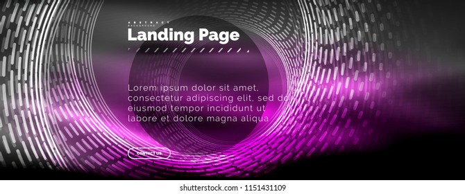 Neon glowing techno lines, hi-tech futuristic abstract background template with circles, landing page template. Vector illustration