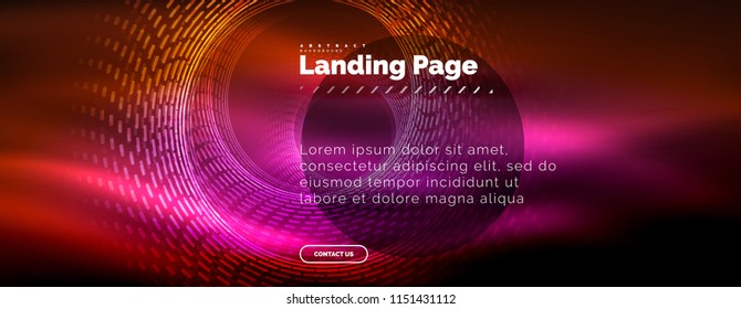 Líneas tecno brillantes neón, plantilla de fondo abstracto de alta tecnología futurista con círculos, plantilla de página de aterrizaje. Ilustración del vector