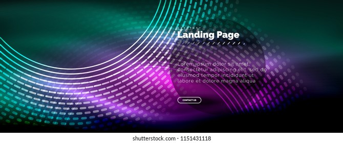 Neon glowing techno lines, hi-tech futuristic abstract background template with circles, landing page template. Vector illustration