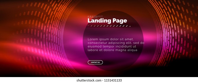 Neon glowing techno lines, hi-tech futuristic abstract background template with circles, landing page template. Vector illustration