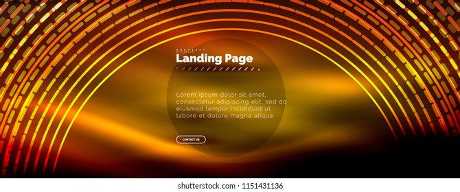 Líneas tecno brillantes neón, plantilla de fondo abstracto de alta tecnología futurista con círculos, plantilla de página de aterrizaje. Ilustración del vector