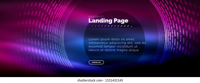 Neon glowing techno lines, hi-tech futuristic abstract background template with circles, landing page template. Vector illustration