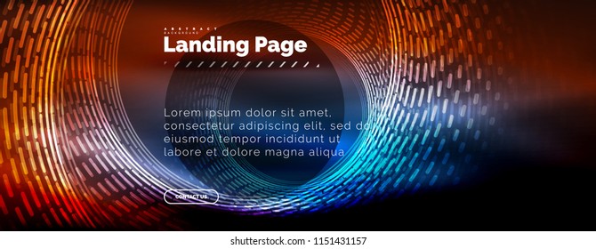 Neon glowing techno lines, hi-tech futuristic abstract background template with circles, landing page template. Vector illustration
