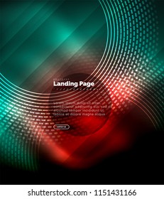 Neon glowing techno lines, hi-tech futuristic abstract background template with circles, landing page template. Vector illustration