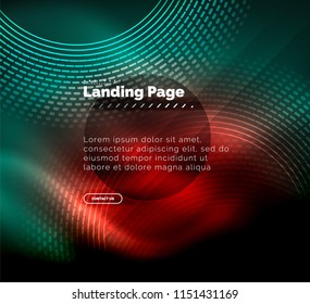 Neon glowing techno lines, hi-tech futuristic abstract background template with circles, landing page template. Vector illustration